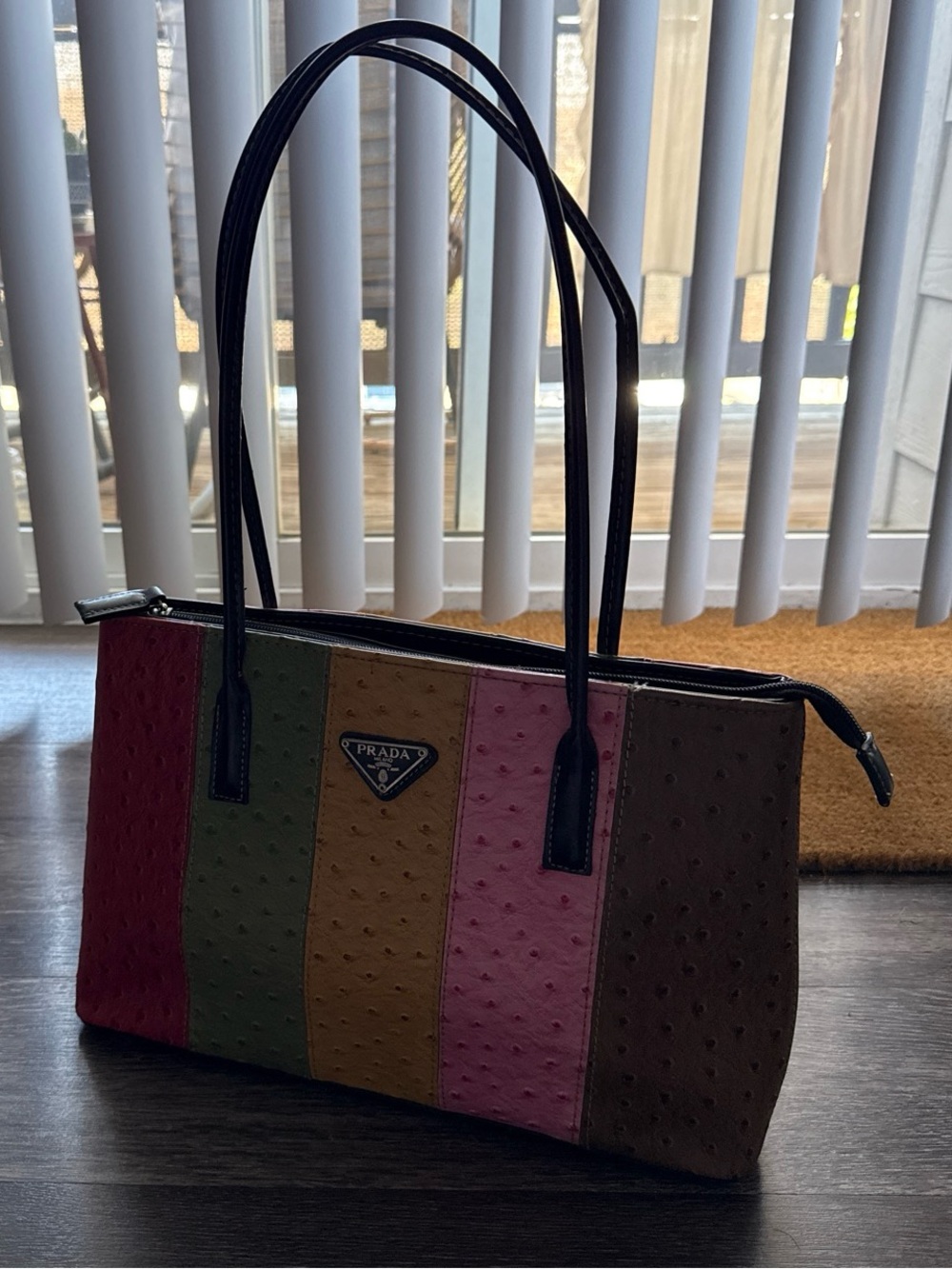Prada Multicolor Vertical Stripe Ostrich-Texture Tote